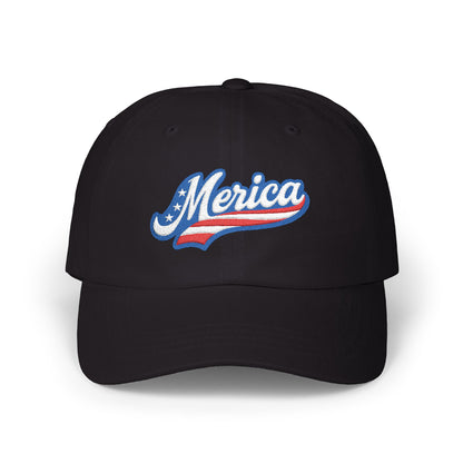 MERICA Embroidered Classic Dad Hat – Patriotic USA Hat with Bold Stars and Stripes Script Design for 4th of July and American Pride
