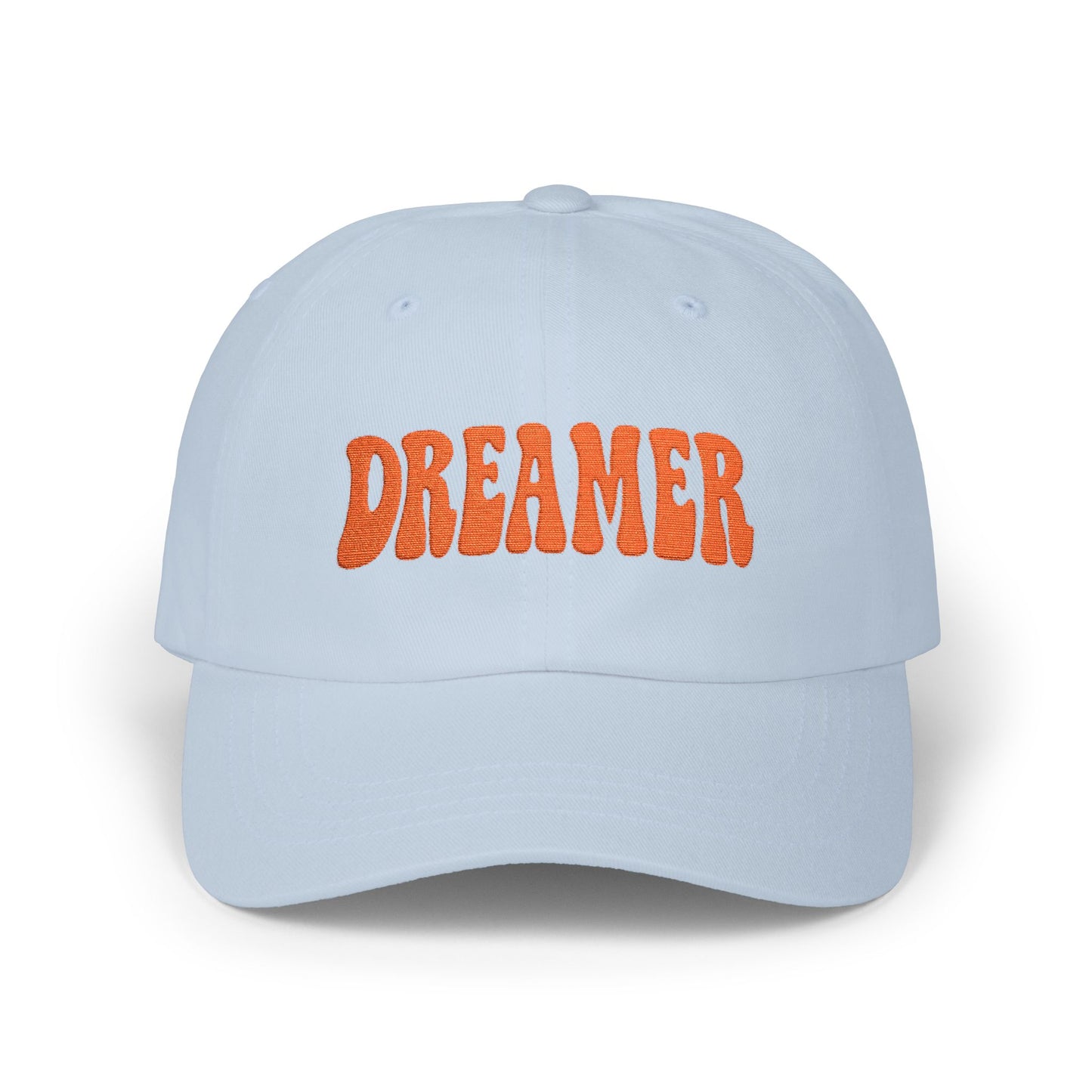 Dreamer Classic Dad Hat – Embroidered Minimalist Script Hat for Visionaries, Creatives, and Chill Daydreamers. Orange Letters