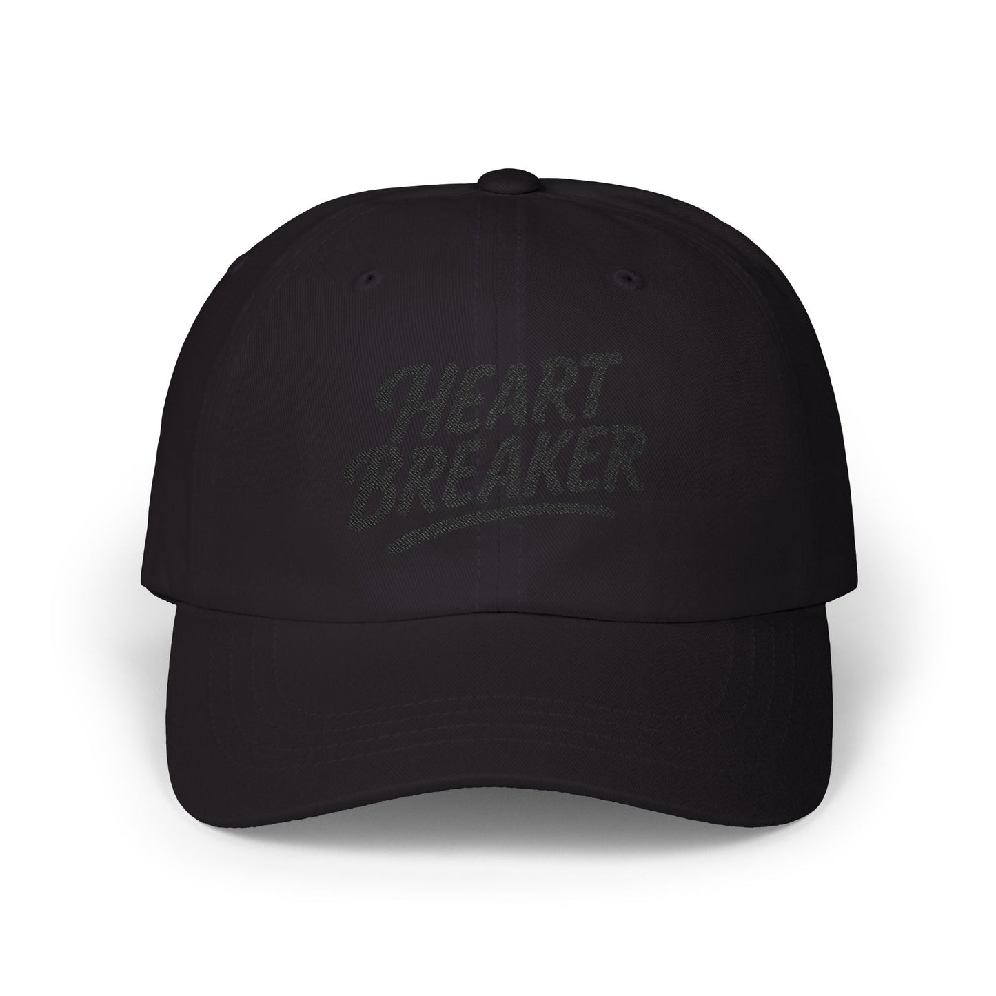 Heartbreaker Embroidered Classic Dad Hat – Bold Baseball Hat with Retro Script and Broken Heart Design for Confident Rule-Breakers. Black Letters