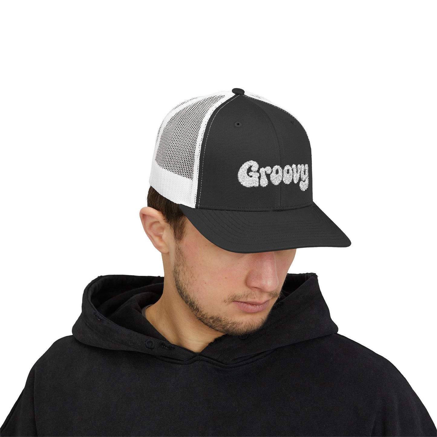 Groovy Trucker Hat – Retro Embroidered Hat with 70s Style Font for Funky Vibes, Chill Days, and Vintage Cool. White Letters