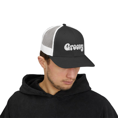 Groovy Trucker Hat – Retro Embroidered Hat with 70s Style Font for Funky Vibes, Chill Days, and Vintage Cool. White Letters