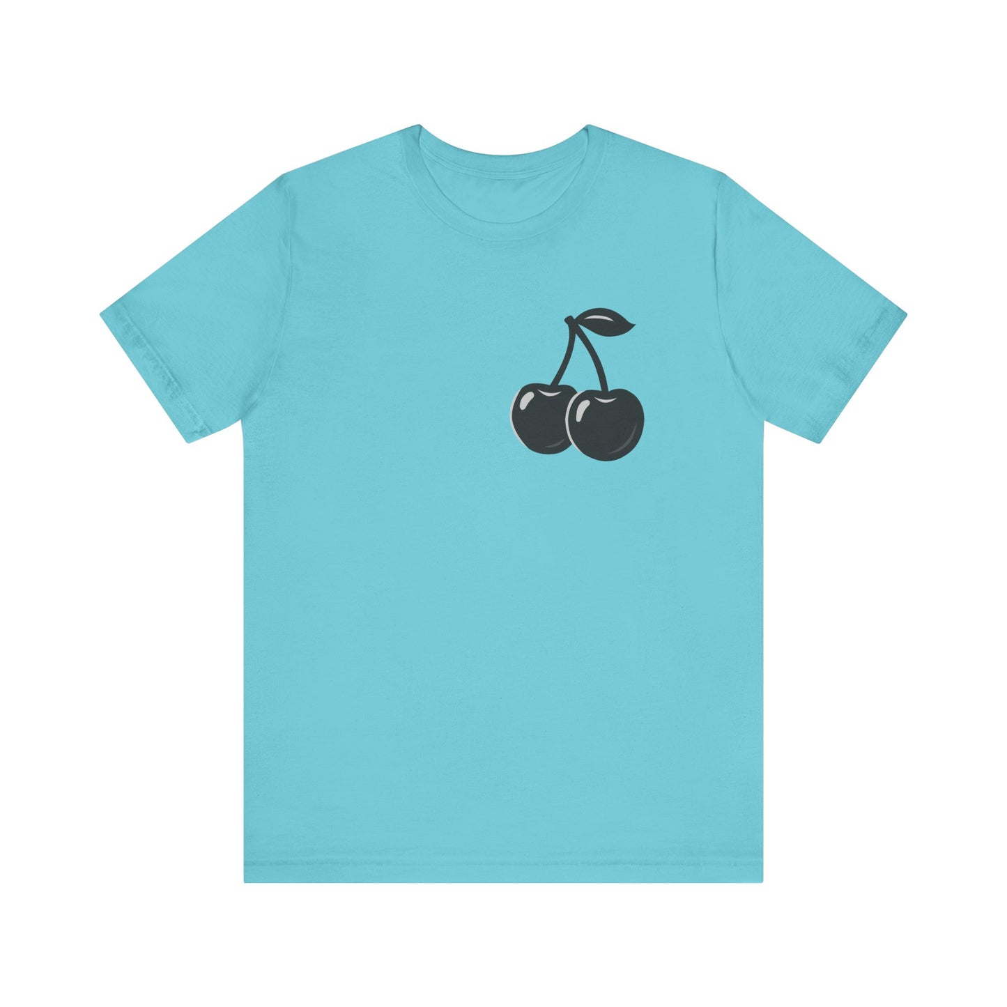 Dark Cherry Graphic T-Shirt – Minimal Dark Theme Grayscale Fruit Design on Black Tee with Subtle Style and Modern Ghost Effect. Unisex Jersey Short Sleeve Tee