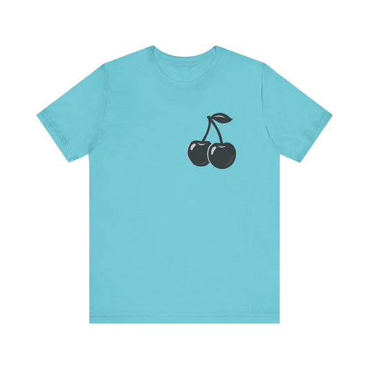 Dark Cherry Graphic T-Shirt – Minimal Dark Theme Grayscale Fruit Design on Black Tee with Subtle Style and Modern Ghost Effect. Unisex Jersey Short Sleeve Tee