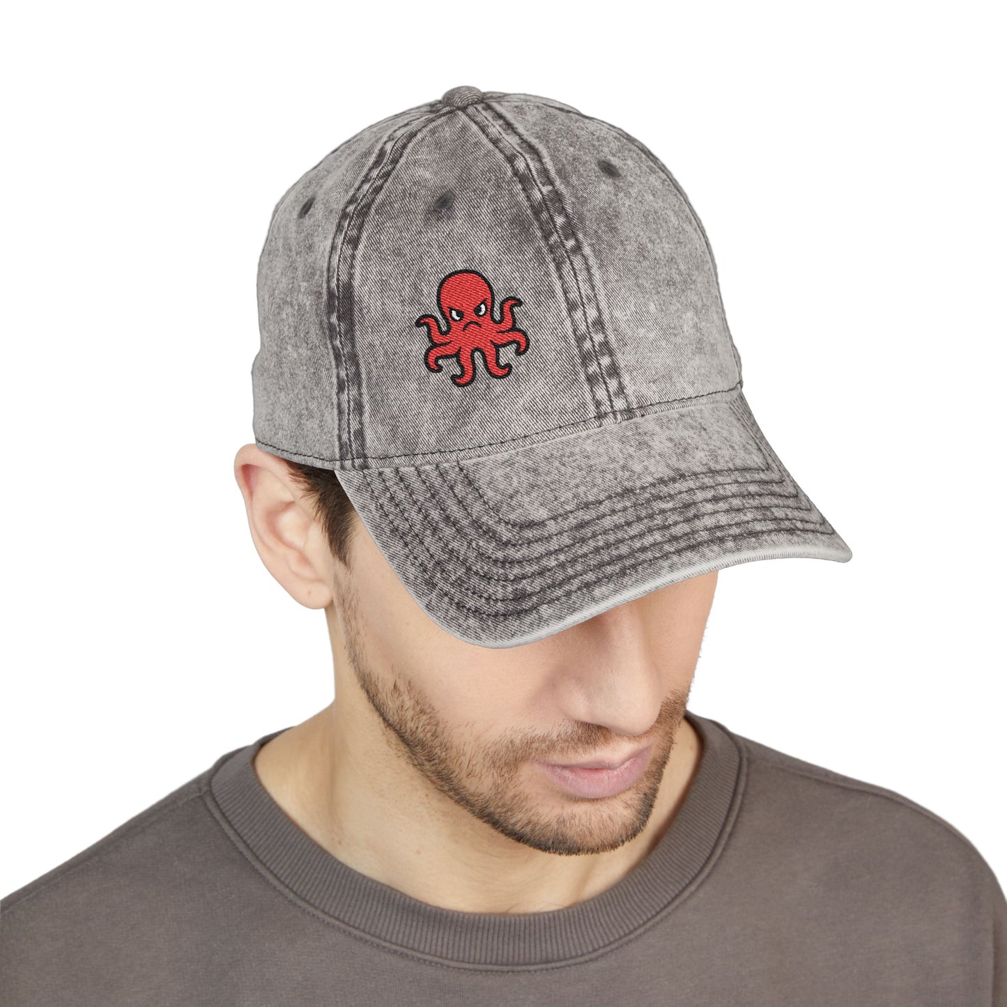 Angry Octopus Vintage Hat – Embroidered Red Sea Creature Hat with Cartoon Vibes and Bold Attitude