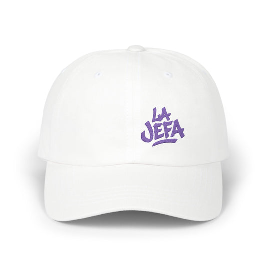 La Jefa Embroidered Classic Dad Hat – Bold Latina Boss Hat for Confident Women, Statement Streetwear, and Jefa Energy. Purple Letters