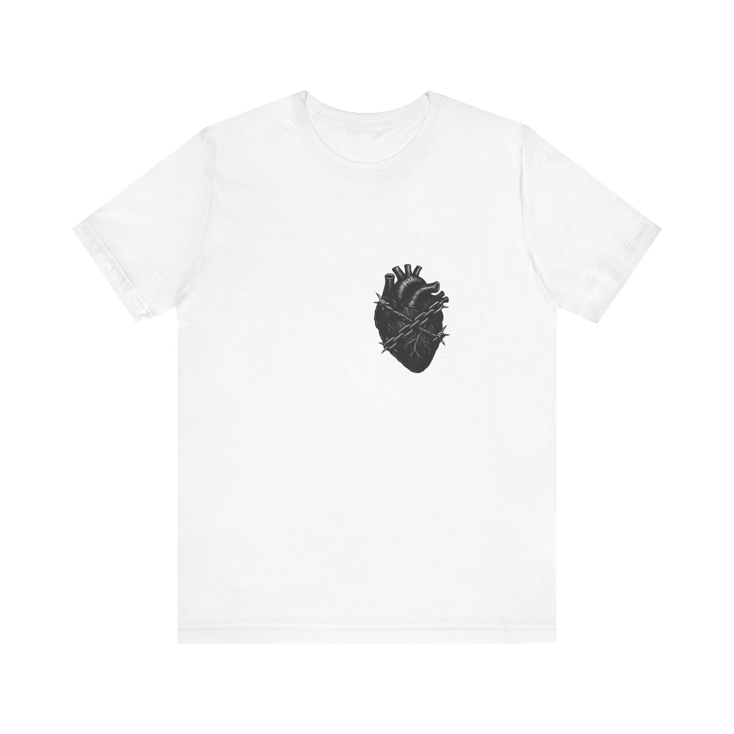 Heart in Chains Shirt – Dark Theme Anatomical Heart Wrapped in Barbed Wire and Commitment Issues. Unisex Jersey Short Sleeve Tee