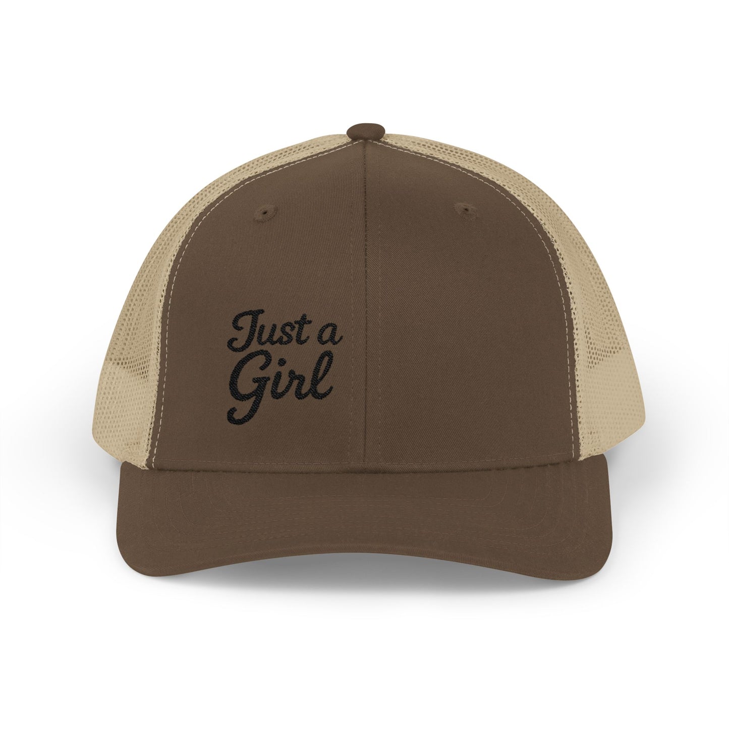 Just a Girl Trucker Hat – Minimalist Script Hat with Bold Feminine Energy and Classic Style. Black Letters