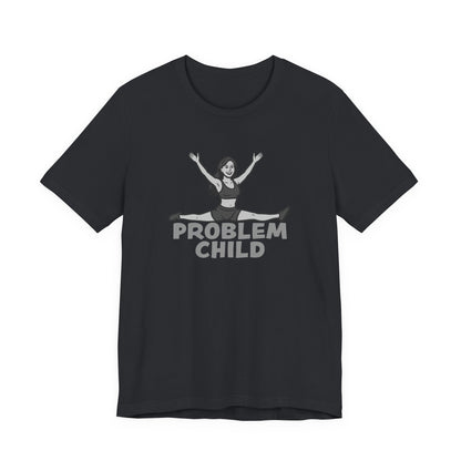 Problem Child Graphic Tee Cheerful Rebel Jump Pose in Bold Dark Theme Monochrome Style. Unisex Jersey Short Sleeve Tee