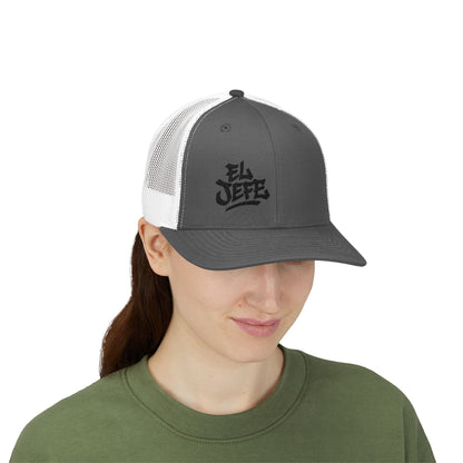 El Jefe Trucker Hat – Embroidered Bold Text Hat for Boss Energy, Leadership Style, and Latin Flair. Black Letters