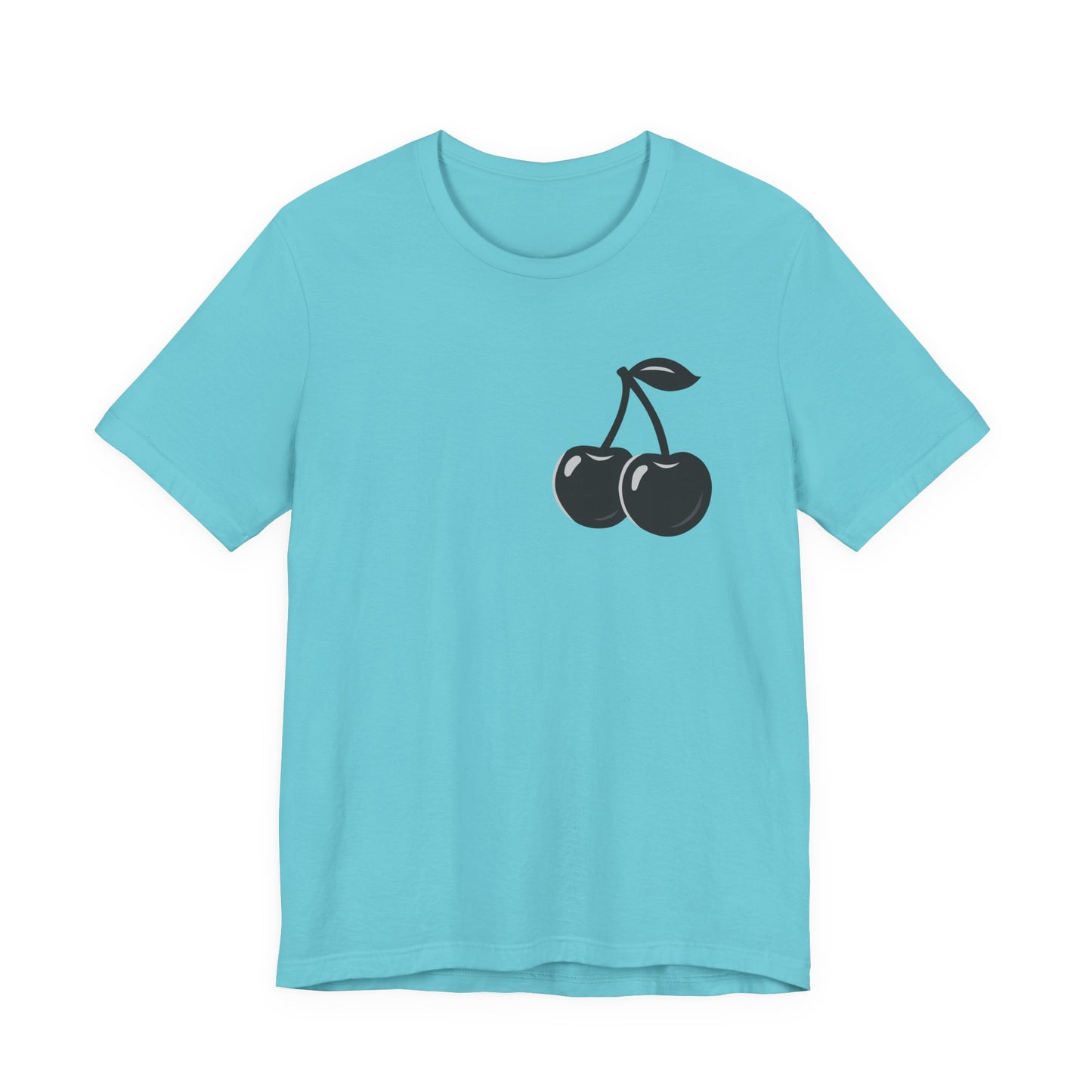Dark Cherry Graphic T-Shirt – Minimal Dark Theme Grayscale Fruit Design on Black Tee with Subtle Style and Modern Ghost Effect. Unisex Jersey Short Sleeve Tee