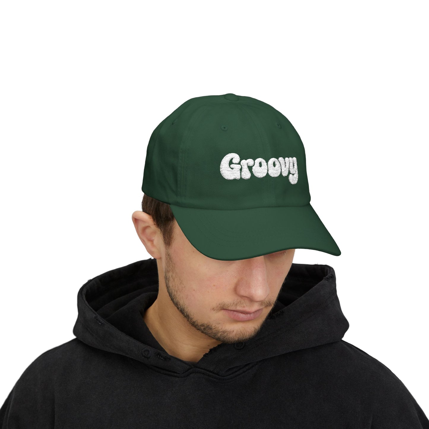 Groovy Classic Dad Hat – Retro Embroidered Hat with 70s Style Font for Funky Vibes, Chill Days, and Vintage Cool. White Letters