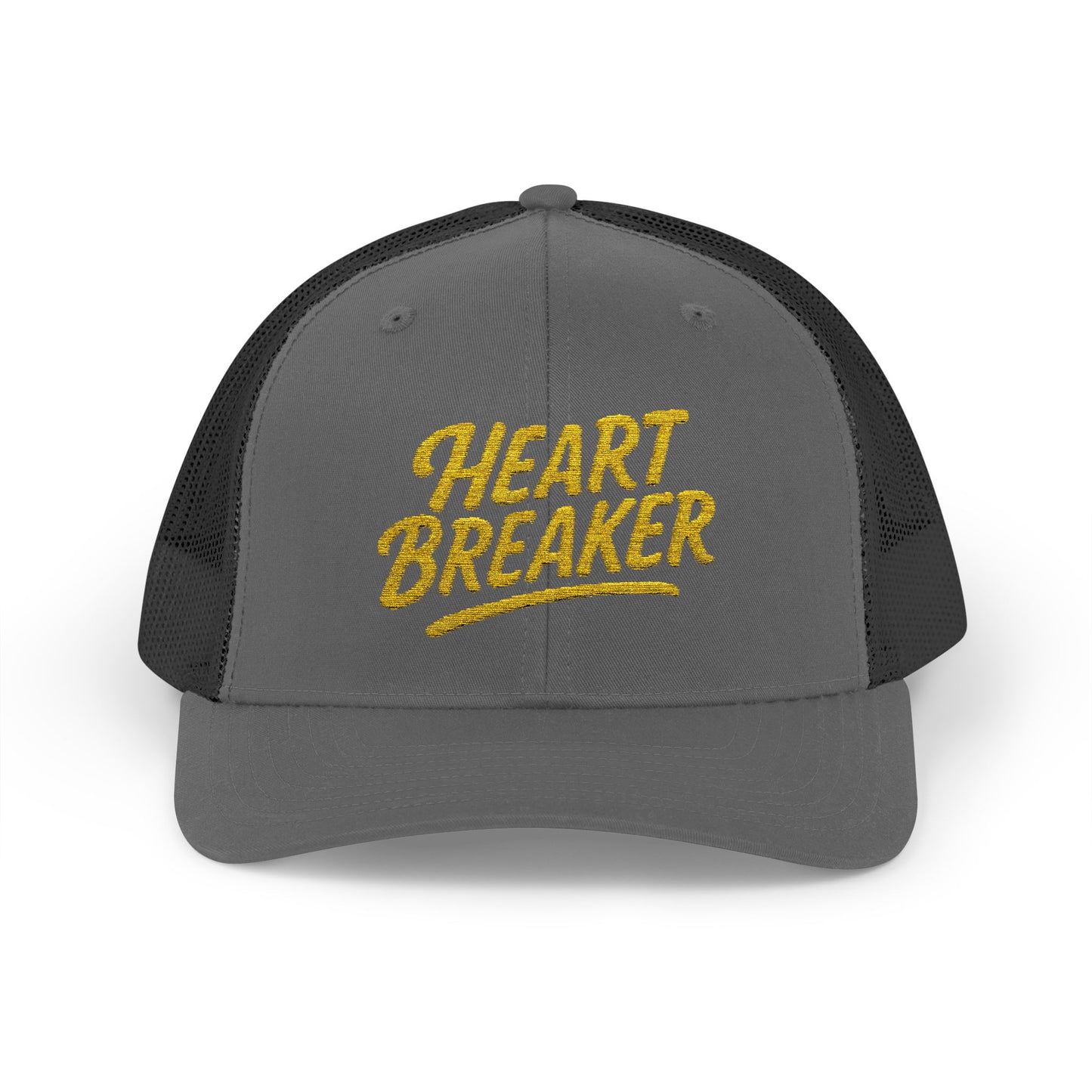 Heartbreaker Trucker Hat – Bold Baseball Hat with Retro Script and Broken Heart Design for Confident Rule-Breakers. Yellow Letters