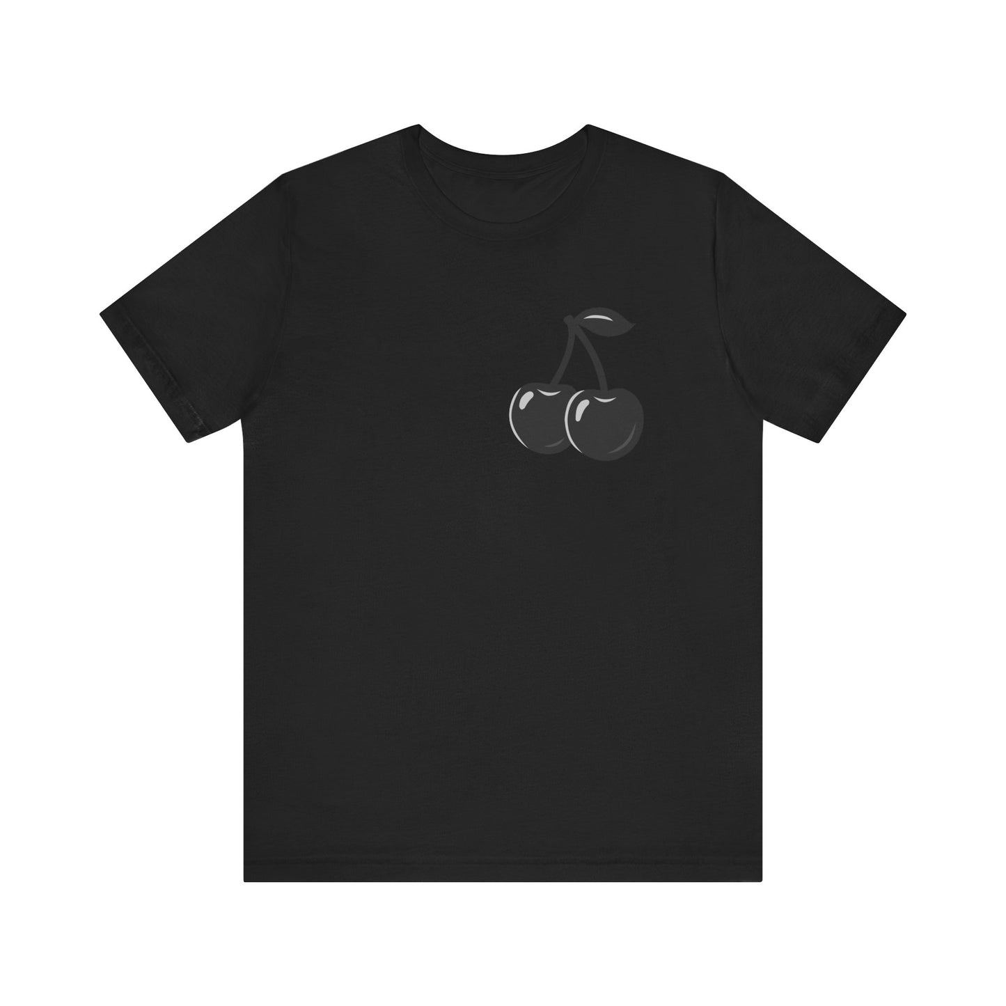 Dark Cherry Graphic T-Shirt – Minimal Dark Theme Grayscale Fruit Design on Black Tee with Subtle Style and Modern Ghost Effect. Unisex Jersey Short Sleeve Tee