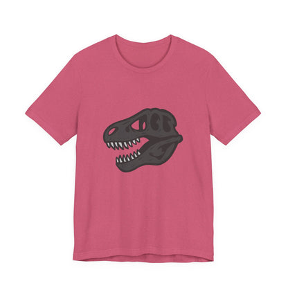 T-Rex Skull Graphic T-Shirt – Dark Theme Grayscale Dinosaur Skeleton Design on Black Tee with Prehistoric Edge and Modern Ghost Effect. Unisex Jersey Short Sleeve Tee