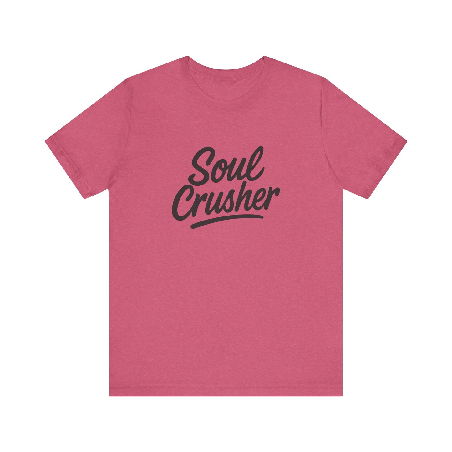 Soul Crusher Text T-Shirt – Dark Theme Grayscale Script Typography on Black Tee with Dark Energy and Modern Ghost Effect. Unisex Jersey Short Sleeve Tee