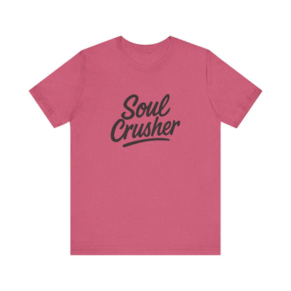 Soul Crusher Text T-Shirt – Dark Theme Grayscale Script Typography on Black Tee with Dark Energy and Modern Ghost Effect. Unisex Jersey Short Sleeve Tee