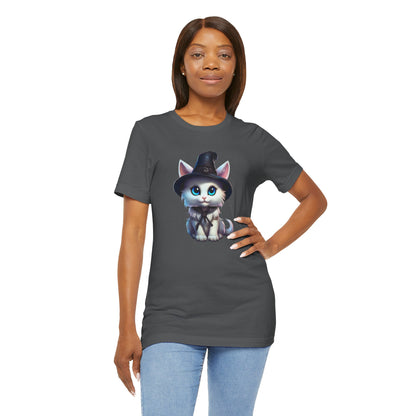 Adorable Witch Cat Halloween Shirt – Cute White Cat in Hat Graphic Tee for Cat Lovers and Halloween Fans