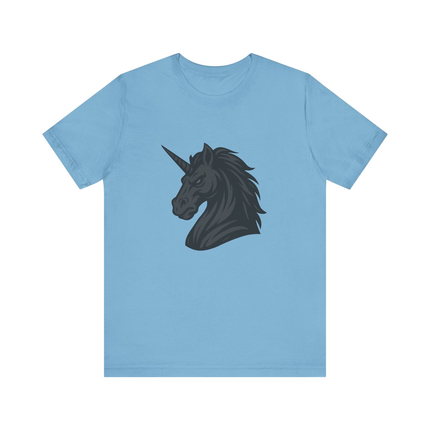 Dark Unicorn Profile T-Shirt – Dark Theme Grayscale Fierce Mythical Horse Design on Black Tee with Gothic Magic and Modern Ghost Effect. Unisex Jersey Short Sleeve Tee