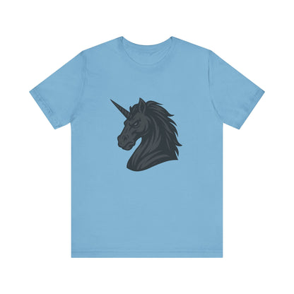 Dark Unicorn Profile T-Shirt – Dark Theme Grayscale Fierce Mythical Horse Design on Black Tee with Gothic Magic and Modern Ghost Effect. Unisex Jersey Short Sleeve Tee