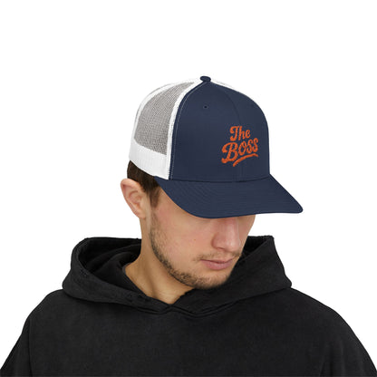 The Boss Trucker Hat – Embroidered Statement Hat for Power Moves Only. Orange Letters