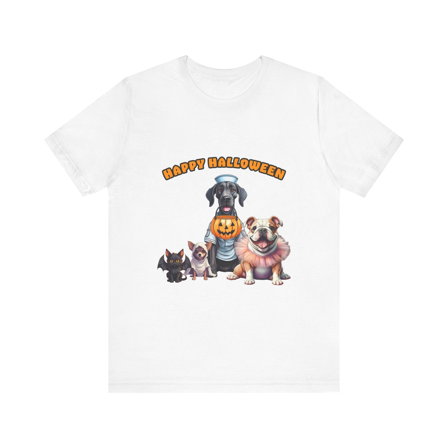Happy Halloween Pet Parade Shirt – Cute Halloween Dogs and Cat in Costumes. Unisex Jersey Short Sleeve Tee