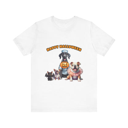 Happy Halloween Pet Parade Shirt – Cute Halloween Dogs and Cat in Costumes. Unisex Jersey Short Sleeve Tee