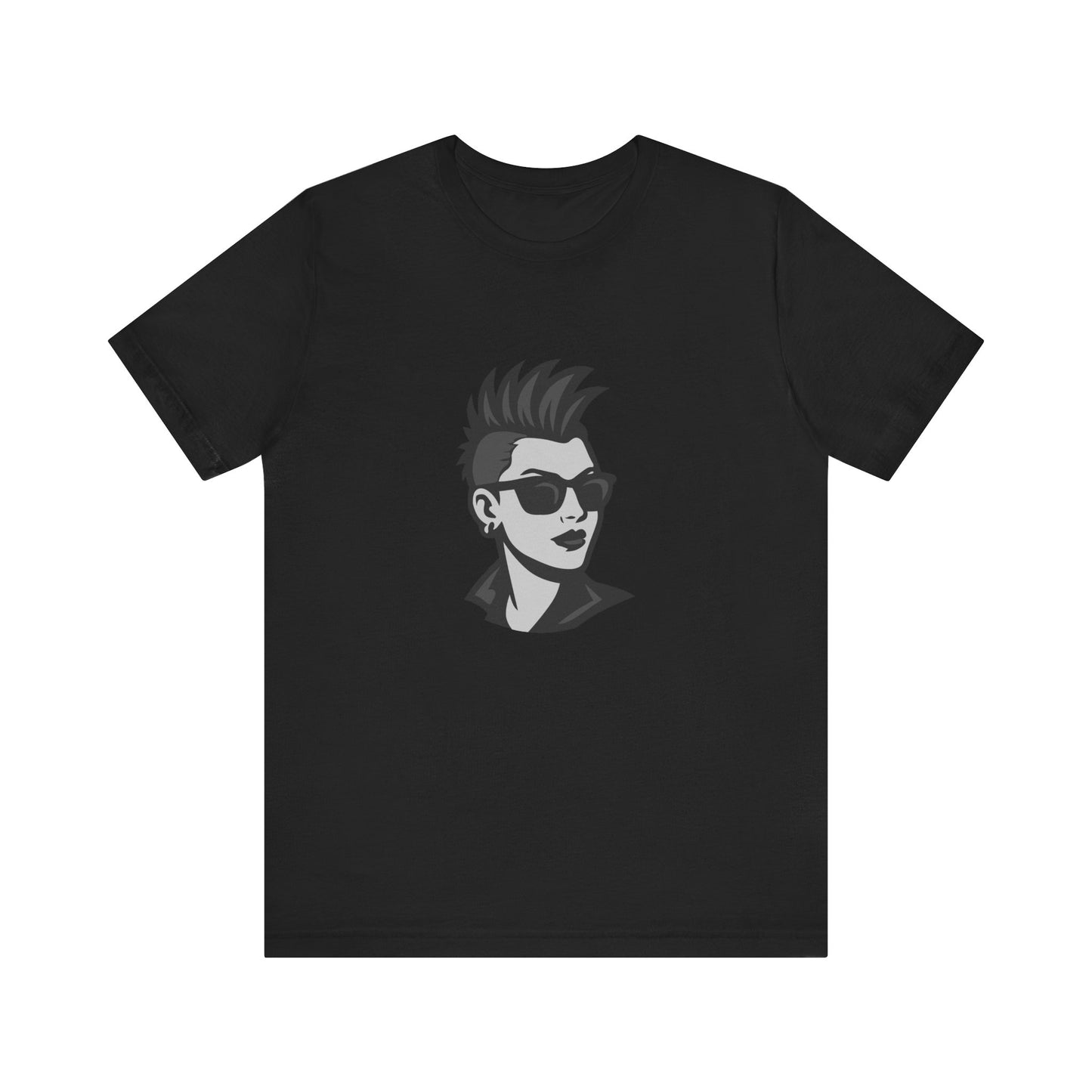 Punk Girl Graphic T-Shirt – Dark Theme Grayscale Spiked Hair Portrait on Black Tee with Bold Energy and Modern Ghost Effect. Unisex Jersey Short Sleeve Tee