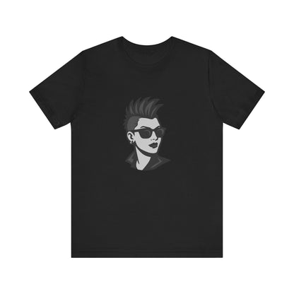 Punk Girl Graphic T-Shirt – Dark Theme Grayscale Spiked Hair Portrait on Black Tee with Bold Energy and Modern Ghost Effect. Unisex Jersey Short Sleeve Tee