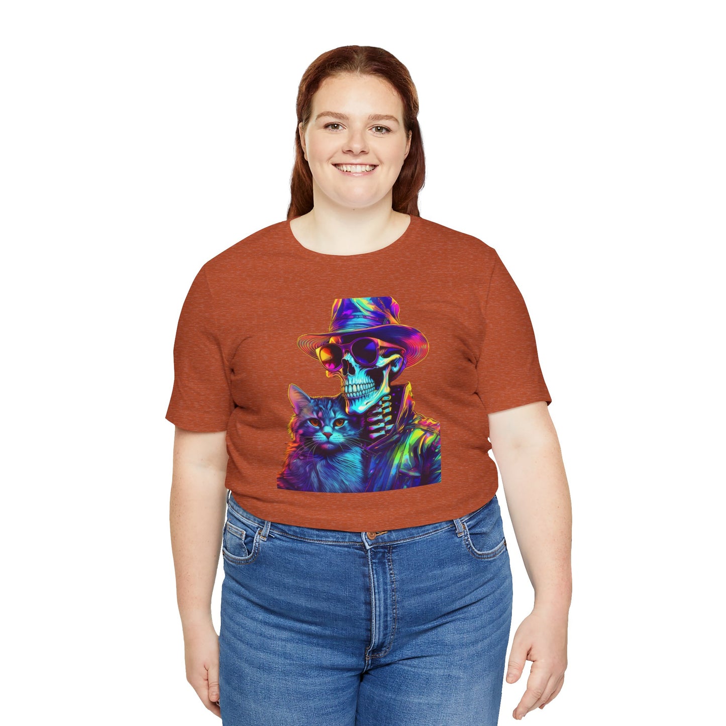 Cool Skeleton and Cat Halloween Shirt – Neon Retro Horror Graphic Tee for Spooky Style and Cat Lovers