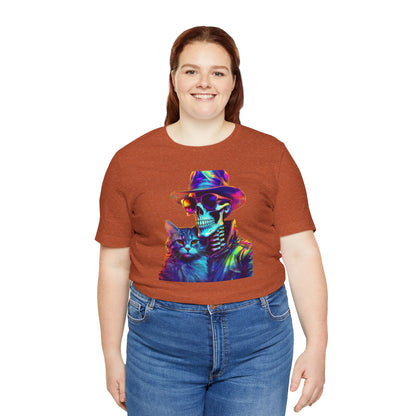 Cool Skeleton and Cat Halloween Shirt – Neon Retro Horror Graphic Tee for Spooky Style and Cat Lovers
