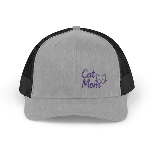 Cat Mom Trucker Hat – Embroidered Minimalist Cat Face Hat for Proud Pet Moms and Stylish Feline Fans. Purple Letters