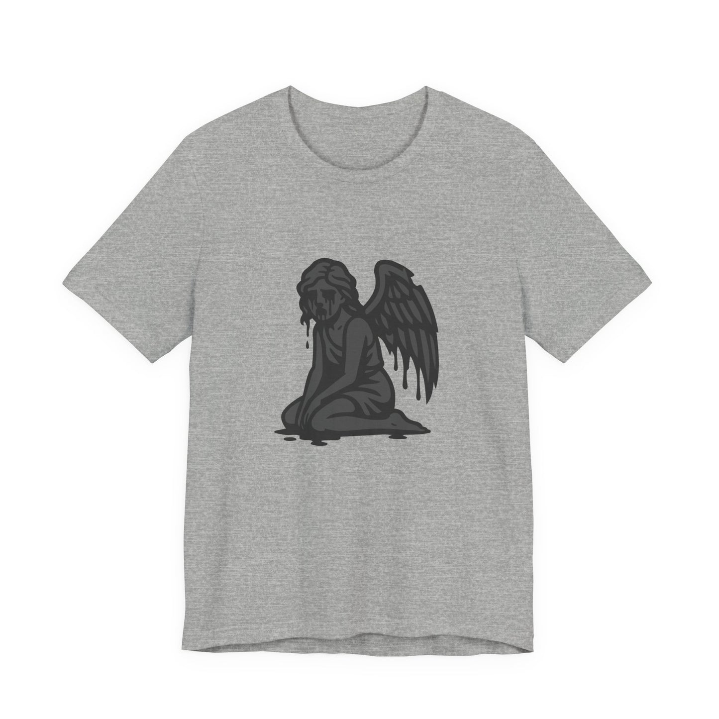 Fallen Angel Dark Theme Graphic T-Shirt – Dark Grayscale Crying Angel Design on Black Tee with Gothic Mood and Modern Ghost Effect. Unisex Jersey Short Sleeve Tee