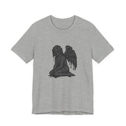 Fallen Angel Dark Theme Graphic T-Shirt – Dark Grayscale Crying Angel Design on Black Tee with Gothic Mood and Modern Ghost Effect. Unisex Jersey Short Sleeve Tee
