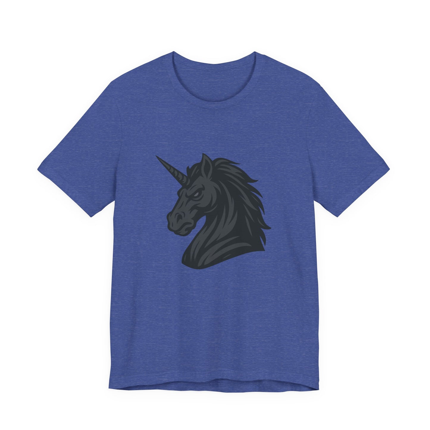 Dark Unicorn Profile T-Shirt – Dark Theme Grayscale Fierce Mythical Horse Design on Black Tee with Gothic Magic and Modern Ghost Effect. Unisex Jersey Short Sleeve Tee