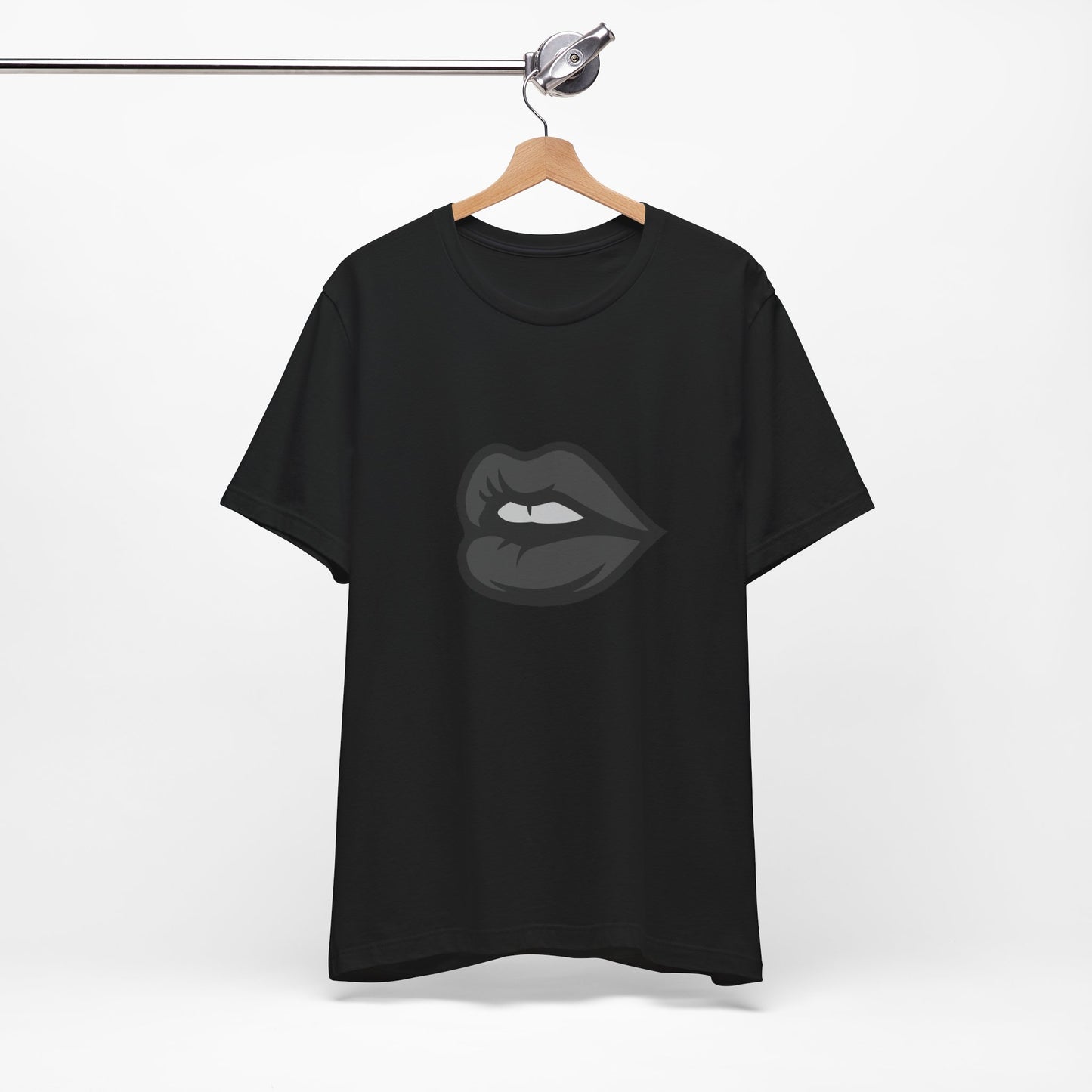 Dark Lips Graphic T-Shirt – Dark Theme Grayscale Biting Lip Design on Black Tee with Subtle Seduction and Modern Ghost Effect. Unisex Jersey Short Sleeve Tee