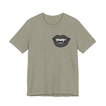 Vampire Mouth Graphic T-Shirt – Dark Theme Grayscale Fanged Lips on Black Tee with Gothic Bite and Modern Ghost Effect. Unisex Jersey Short Sleeve Tee