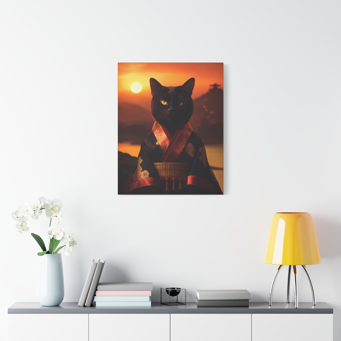 Zen Whiskers: Geisha Cat at Sunset Canvas Art | Stretched Matte Wall Decor 002