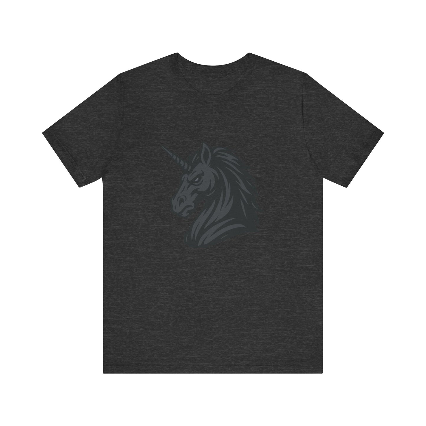 Dark Unicorn Profile T-Shirt – Dark Theme Grayscale Fierce Mythical Horse Design on Black Tee with Gothic Magic and Modern Ghost Effect. Unisex Jersey Short Sleeve Tee