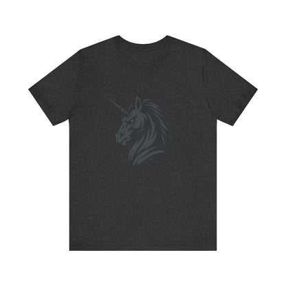 Dark Unicorn Profile T-Shirt – Dark Theme Grayscale Fierce Mythical Horse Design on Black Tee with Gothic Magic and Modern Ghost Effect. Unisex Jersey Short Sleeve Tee