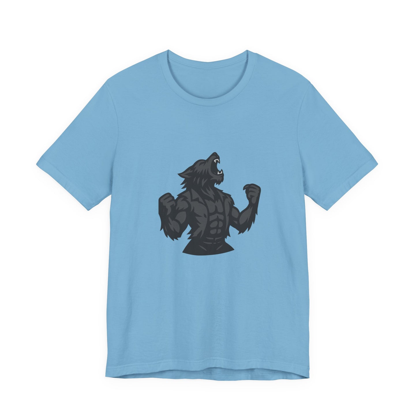 Werewolf Transformation T-Shirt – Dark Theme Grayscale Muscular Monster Design on Black Tee with Savage Energy and Modern Ghost Effect. Unisex Jersey Short Sleeve Tee