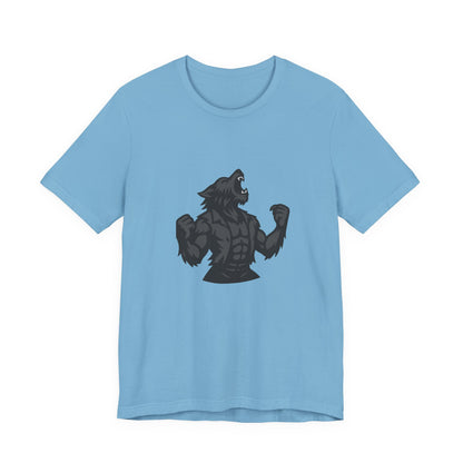 Werewolf Transformation T-Shirt – Dark Theme Grayscale Muscular Monster Design on Black Tee with Savage Energy and Modern Ghost Effect. Unisex Jersey Short Sleeve Tee