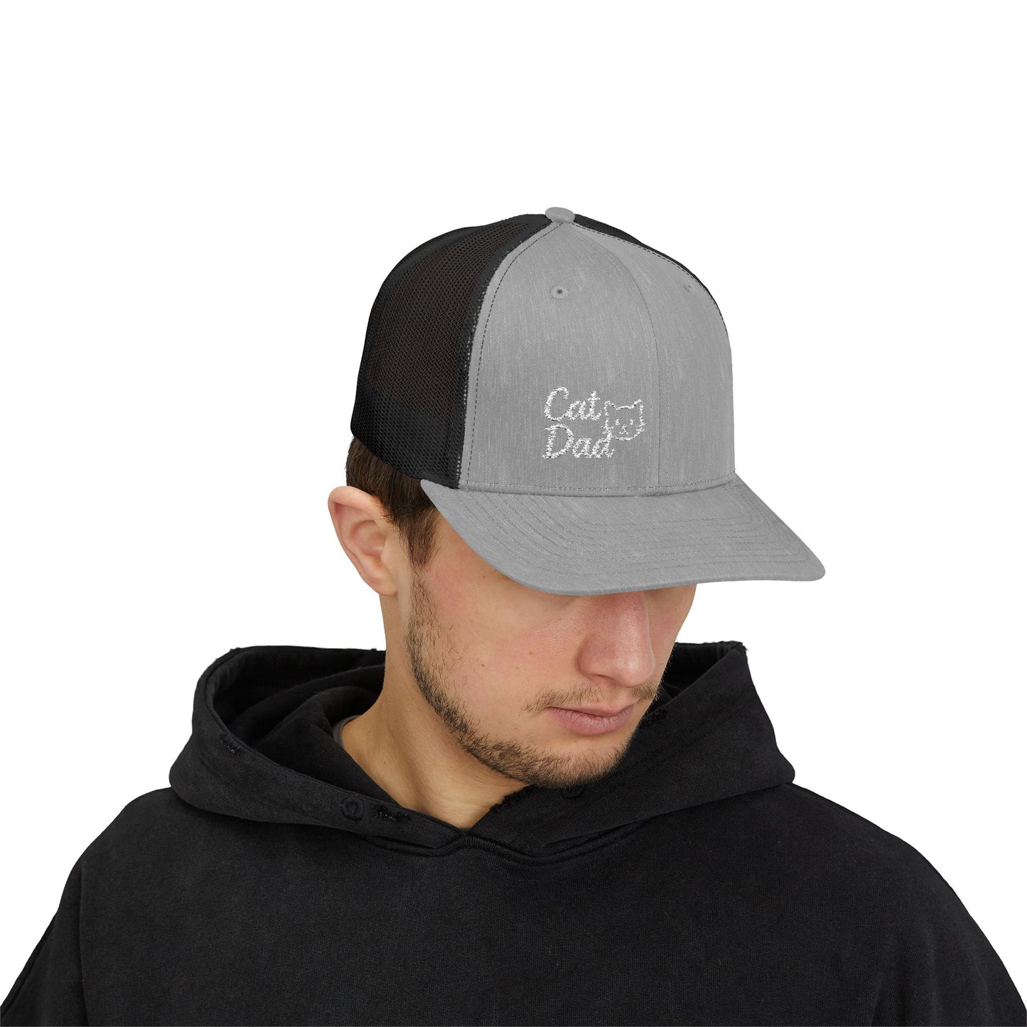Cat Dad Trucker Hat – Embroidered Minimalist Cat Face Hat for Proud Pet Dads and Feline Fans. White Letters
