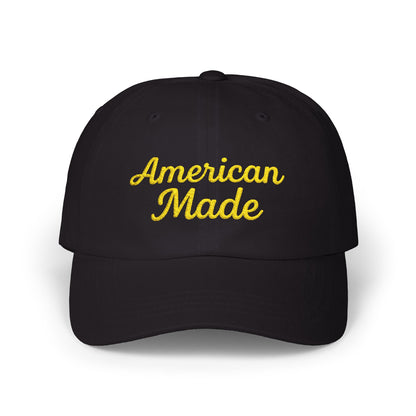 American Made Classic Dad Hat – Embroidered Patriotic Baseball Hat with Retro Script for USA Pride and Everyday Wear.  Yellow letters