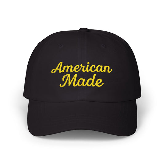 American Made Classic Dad Hat – Embroidered Patriotic Baseball Hat with Retro Script for USA Pride and Everyday Wear.  Yellow letters