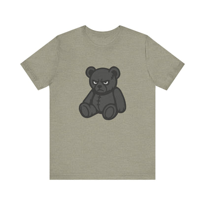 Angry Teddy Bear Graphic T-Shirt – Dark Theme Grayscale Plush with Attitude on Black Tee for Edgy or Ironic Style. Unisex Jersey Short Sleeve Tee