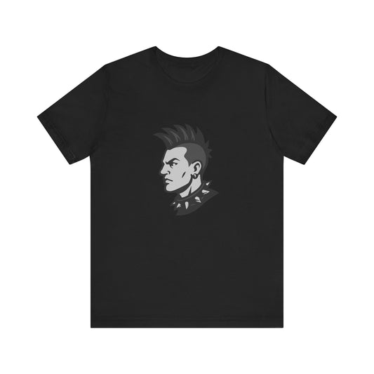 Punk Guy Graphic T-Shirt – Dark Theme Grayscale Mohawk Portrait on Black Tee with Attitude and Subtle Modern Ghost Effect. Unisex Jersey Short Sleeve Tee