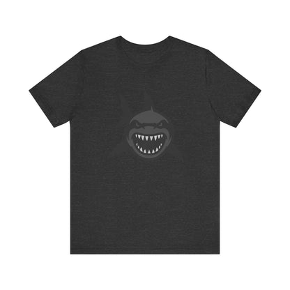 Ferocious Shark Face Graphic Tee with a Bold Bite – Dark Theme Ocean Predator Shirt in Black and Grey. Unisex Jersey Short Sleeve Tee