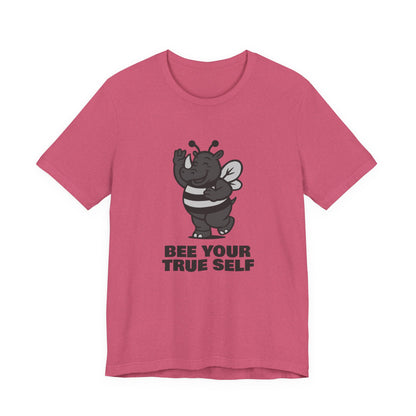 Bee Your True Self T-Shirt – Dark Theme Grayscale Rhino in Bee Costume on Black Tee with Wholesome Humor and Self-Expression Message. Unisex Jersey Short Sleeve Tee