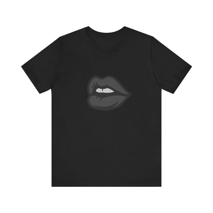 Dark Lips Graphic T-Shirt – Dark Theme Grayscale Biting Lip Design on Black Tee with Subtle Seduction and Modern Ghost Effect. Unisex Jersey Short Sleeve Tee