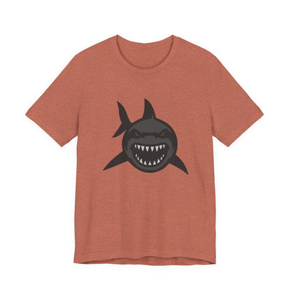 Ferocious Shark Face Graphic Tee with a Bold Bite – Dark Theme Ocean Predator Shirt in Black and Grey. Unisex Jersey Short Sleeve Tee